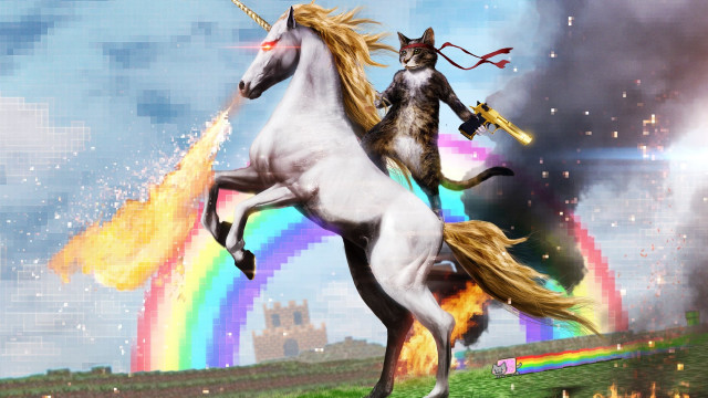 Cat horse riding rainbow castle free wallpaper for desktop - medium preview image