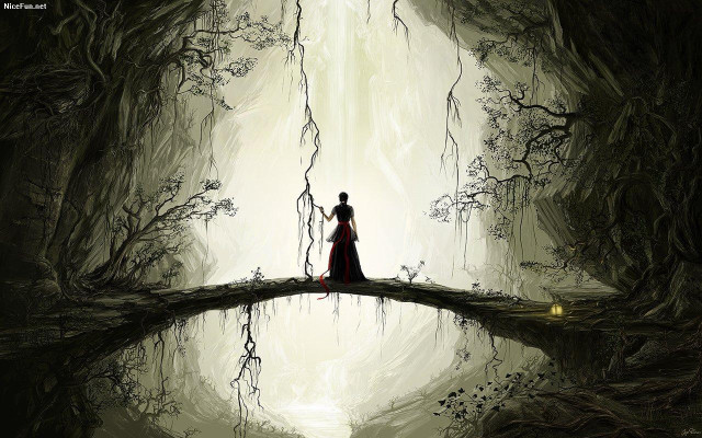 Man woman bridge forest sky free wallpaper for desktop - medium preview image