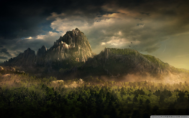 Mountain forest cloudy sky birds free wallpaper for desktop - medium preview image