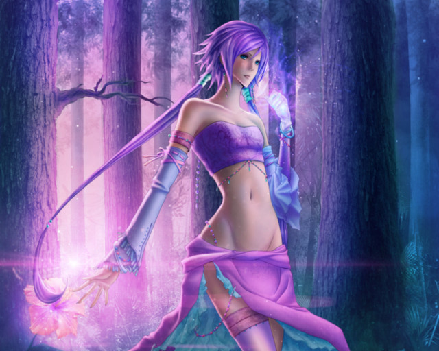 Woman purple outfit sword forest free wallpaper for desktop - medium preview image