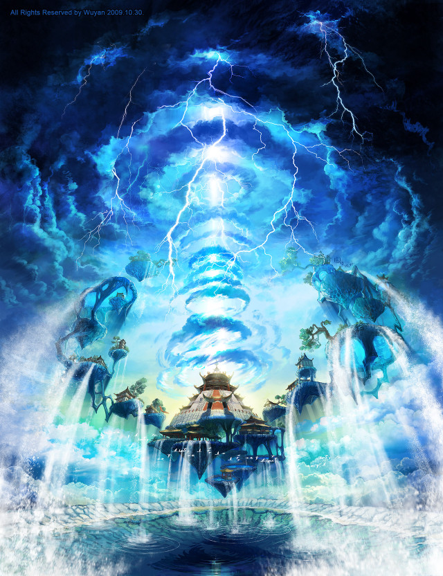 Waterfall thunderstorm building painting dramatic free wallpaper for mobile - medium preview image