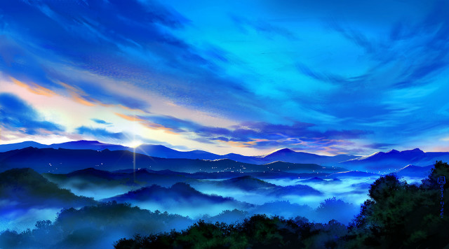 Mountain range sunset clouds painting free wallpaper for desktop - medium preview image