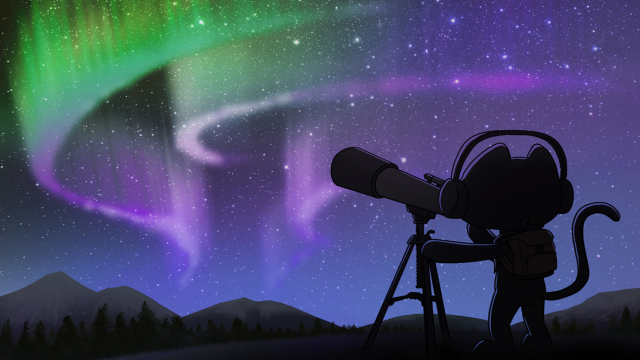 Person looking aurora borealis telescope free wallpaper for desktop - medium preview image