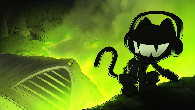 Cartoon cat headphones rock green free wallpaper for desktop - medium preview image