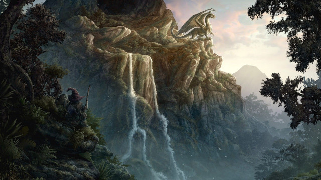 Waterfall dragon man horse painting free wallpaper for desktop - medium preview image