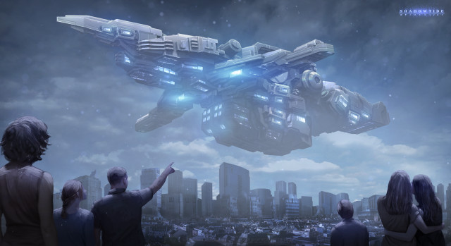 Futuristic flying object city night free wallpaper for desktop - medium preview image