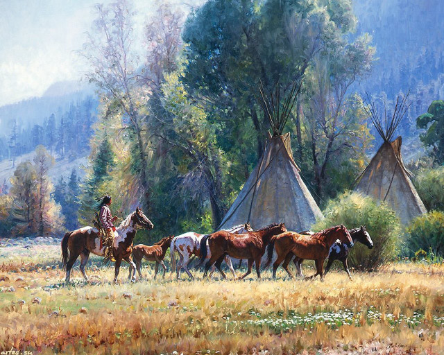 Native american village horses teepee free wallpaper for desktop - medium preview image