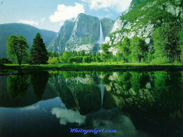 Mountain waterfall lake blue sky free wallpaper for desktop - medium preview image