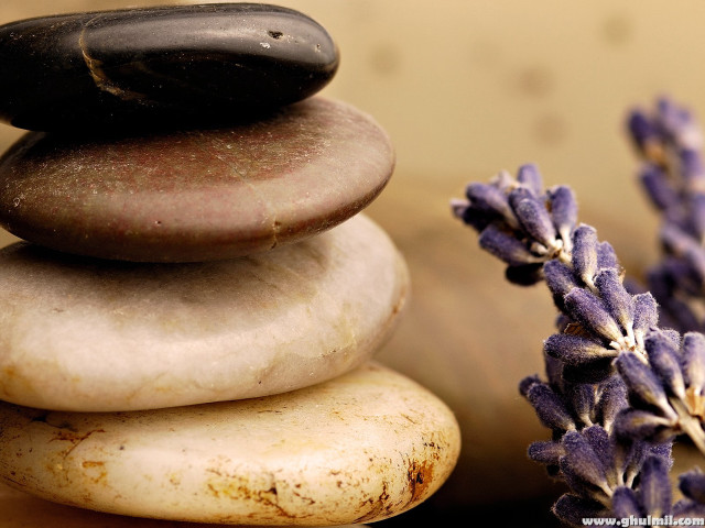 Stack rocks lavender flowers table free wallpaper for desktop - medium preview image