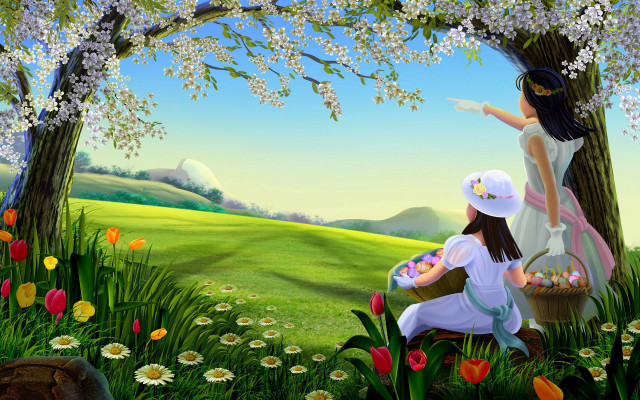Girls picking flowers basket field #7 free wallpaper for desktop - medium preview image