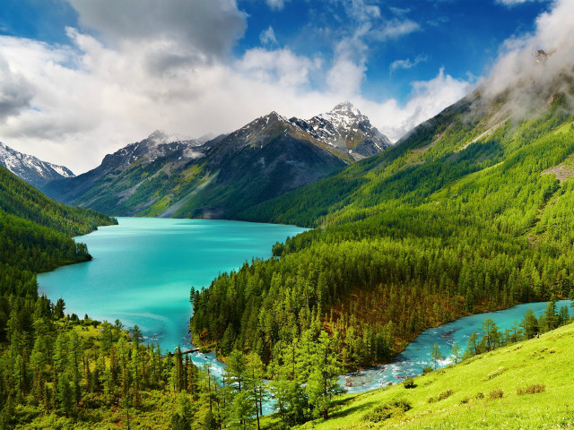 Mountain lake green trees cloudy #5 free wallpaper for desktop - medium preview image