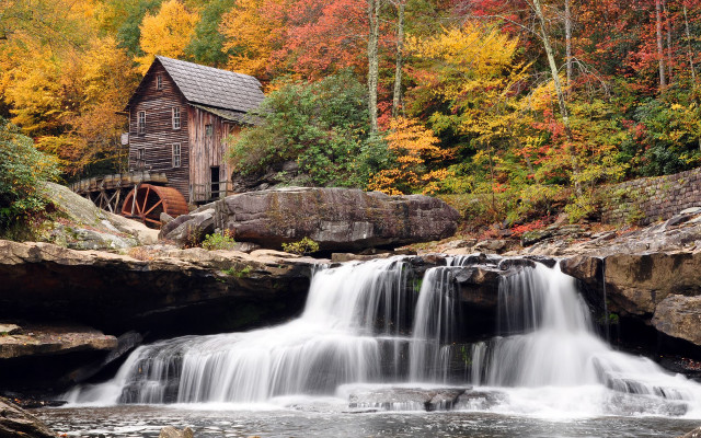 Waterfall wooden building autumn leaves #3 free wallpaper for desktop - medium preview image