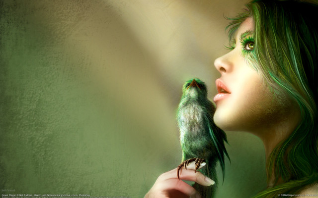 Woman holding green bird green free wallpaper for desktop - medium preview image