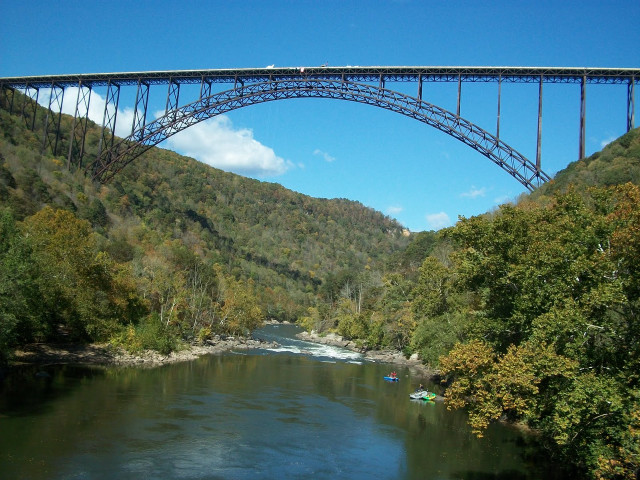 Bridge river boat mountain scenery free wallpaper for desktop - medium preview image