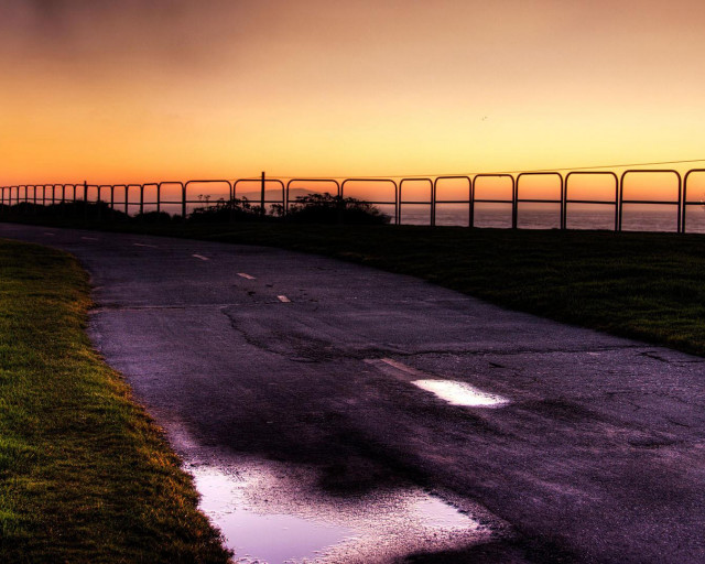 Road fence water sunset dawn free wallpaper for desktop - medium preview image