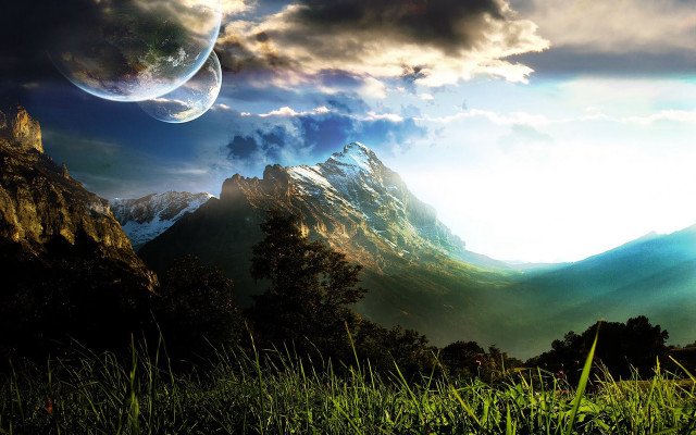 Mountain range sky planet sun free wallpaper for desktop - medium preview image