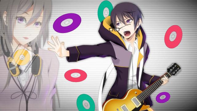 Man woman headphones guitar music free wallpaper for desktop - medium preview image