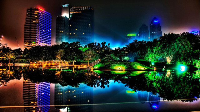 City skyline lake trees nighttime #4 free wallpaper for desktop - medium preview image