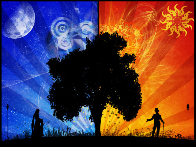 Tree person sun moon background free wallpaper for desktop - medium preview image