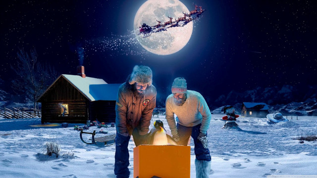 Two men santa box snow free wallpaper for desktop - medium preview image