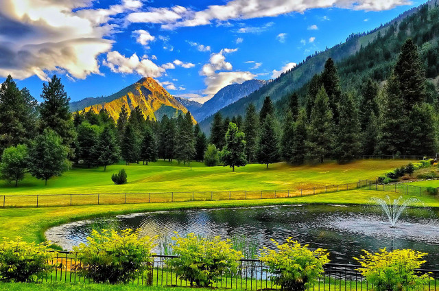 Beautiful mountain pond fenced area free wallpaper for desktop - medium preview image
