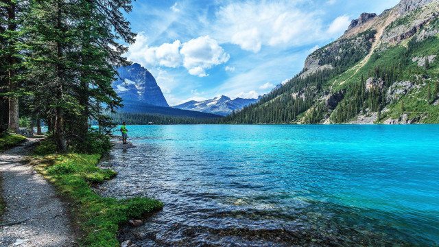 Man path lake mountains blue free wallpaper for desktop - medium preview image
