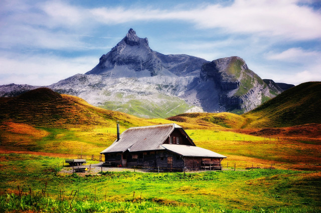 Cabin field mountains blue sky free wallpaper for desktop - medium preview image