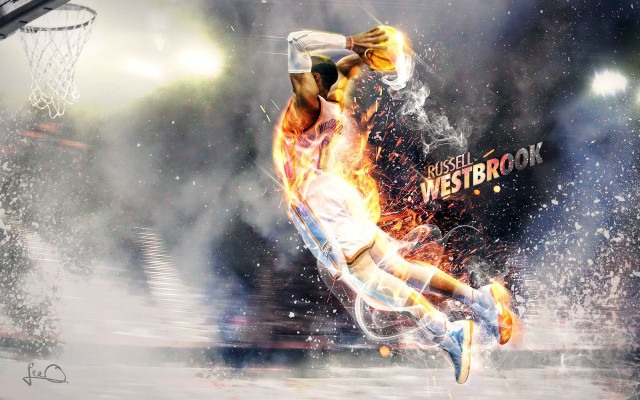 Basketball player mid air dunk free wallpaper for desktop - medium preview image