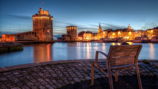 Wooden chair brick walkway water free wallpaper for desktop - medium preview image