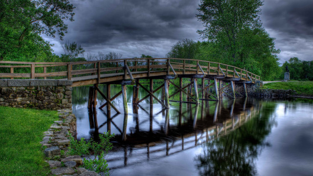 Wooden bridge river cloudy sky free wallpaper for desktop - medium preview image