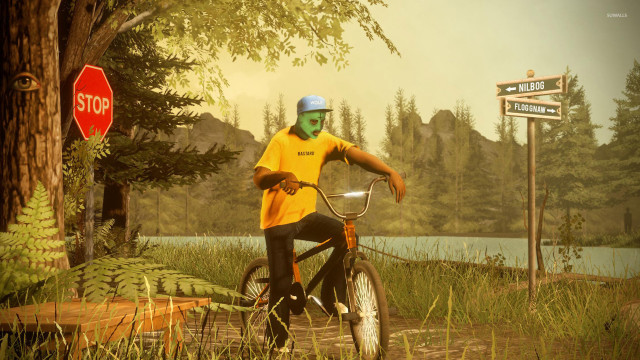 Man yellow shirt biking wooded free wallpaper for desktop - medium preview image