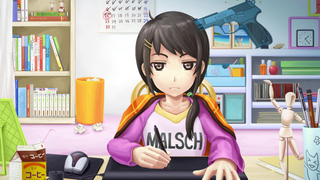 Girl sitting desk gun laptop free wallpaper for desktop - medium preview image