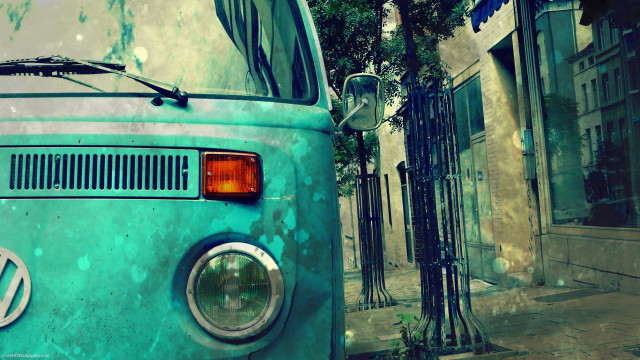 Blue van parked street building free wallpaper for desktop - medium preview image