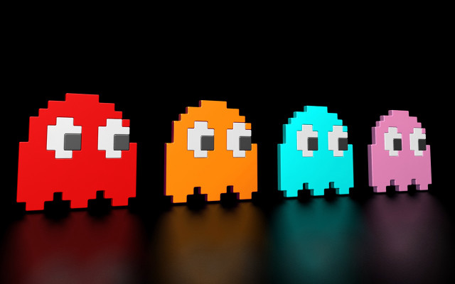 Pixelated pacman figures row black free wallpaper for desktop - medium preview image