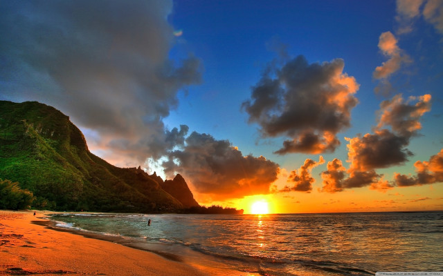 Sunset beach mountain water foreground free wallpaper for desktop - medium preview image