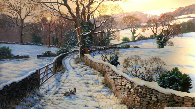 Snowy landscape tree fence dog free wallpaper for desktop - medium preview image