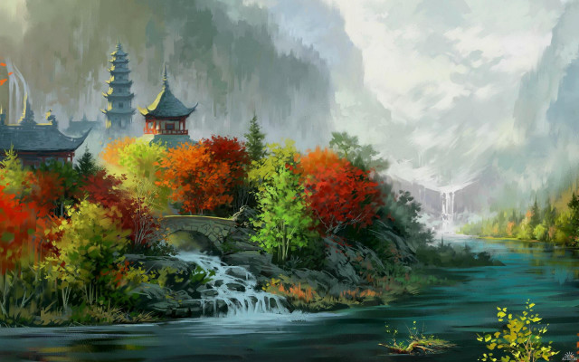 Waterfall castle trees foliage painting free wallpaper for desktop - medium preview image