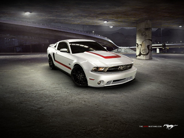 White mustang red stripe hood free wallpaper for desktop - medium preview image