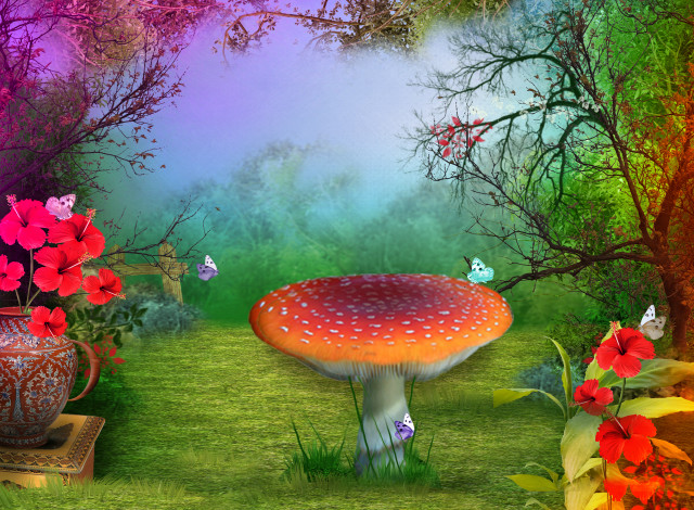 Mushroom garden flowers butterflies painting free wallpaper for desktop - medium preview image