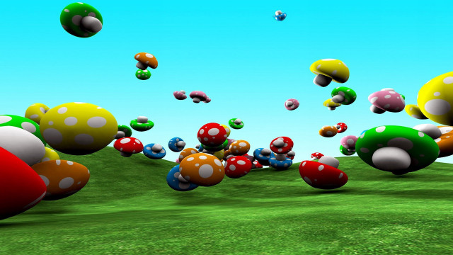 Mushrooms flying field grass blue free wallpaper for desktop - medium preview image