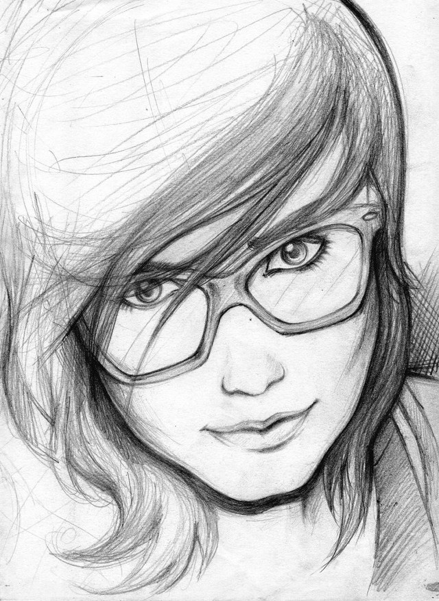Pencil drawing woman glasses smile free wallpaper for mobile - medium preview image