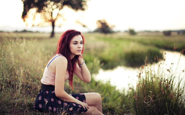 Woman red hair river grass free wallpaper for desktop - medium preview image