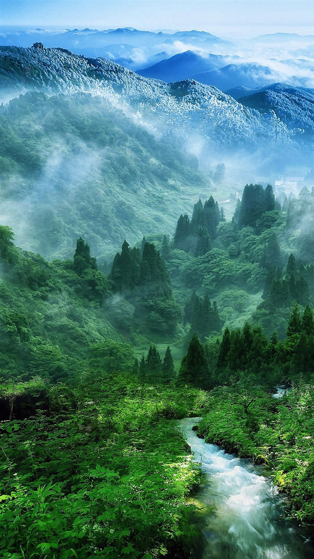 Mountain valley stream fog painting free wallpaper for mobile - medium preview image