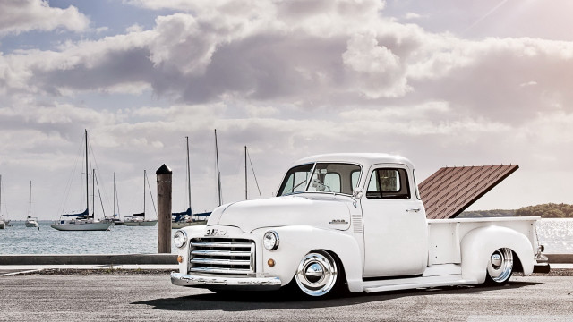 White truck water sailboats cloudy free wallpaper for desktop - medium preview image
