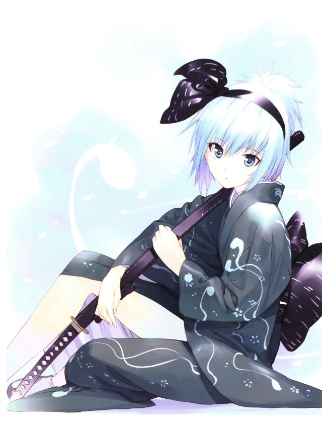 White hair woman sword kimono free wallpaper for mobile - medium preview image