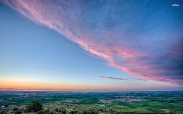 Sunset green field pink cloud free wallpaper for desktop - medium preview image