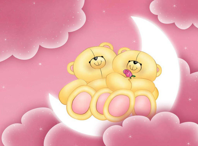 Teddy bears crescent moon pink free wallpaper for desktop - medium preview image
