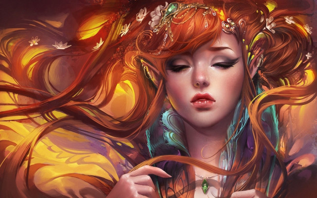Woman red hair crown butterfly free wallpaper for desktop - medium preview image