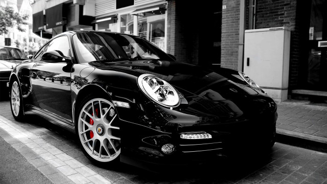 Black porsche parked street building free wallpaper for desktop - medium preview image