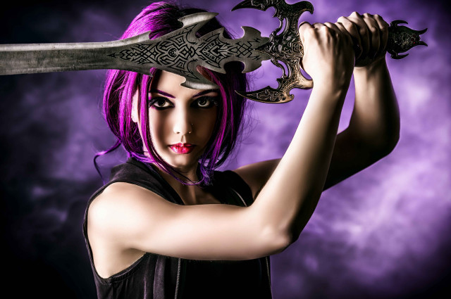 Woman purple hair sword black free wallpaper for desktop - medium preview image